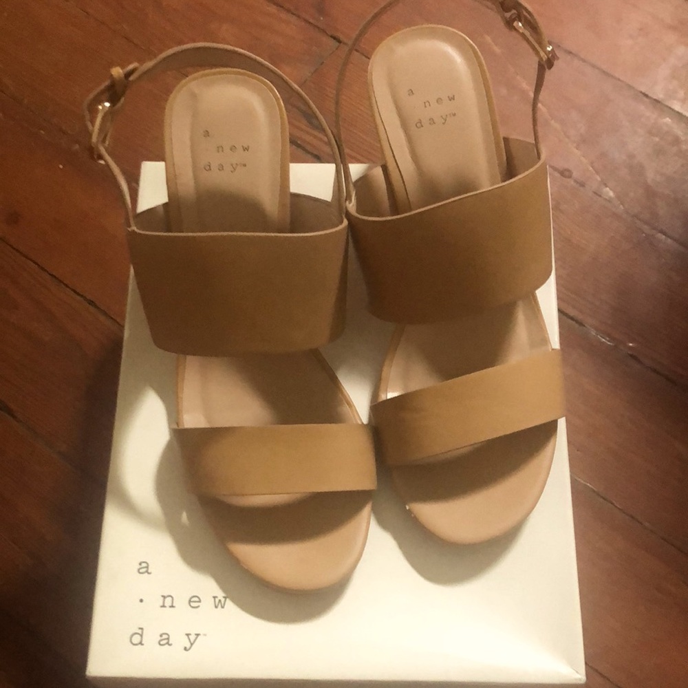Tan colored clean sandals made by A New Day